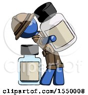 Poster, Art Print Of Blue Explorer Ranger Man Holding Large White Medicine Bottle With Bottle In Background