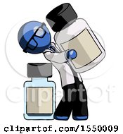 Blue Doctor Scientist Man Holding Large White Medicine Bottle With Bottle In Background