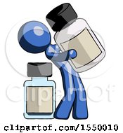 Blue Design Mascot Man Holding Large White Medicine Bottle With Bottle In Background