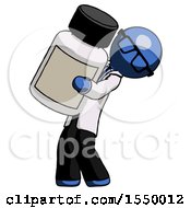 Blue Doctor Scientist Man Holding Large White Medicine Bottle