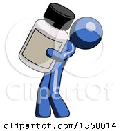 Blue Design Mascot Man Holding Large White Medicine Bottle