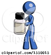 Blue Design Mascot Woman Holding White Medicine Bottle
