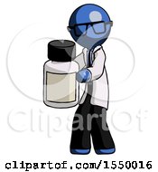 Blue Doctor Scientist Man Holding White Medicine Bottle