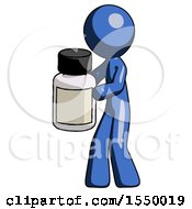 Blue Design Mascot Man Holding White Medicine Bottle