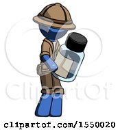 Blue Explorer Ranger Man Holding Glass Medicine Bottle