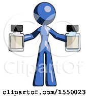 Blue Design Mascot Woman Holding Two Medicine Bottles