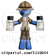 Blue Explorer Ranger Man Holding Two Medicine Bottles