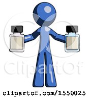 Blue Design Mascot Man Holding Two Medicine Bottles