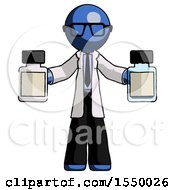 Blue Doctor Scientist Man Holding Two Medicine Bottles
