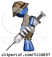 Poster, Art Print Of Blue Explorer Ranger Man Using Syringe Giving Injection