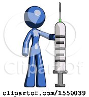 Blue Design Mascot Woman Holding Large Syringe