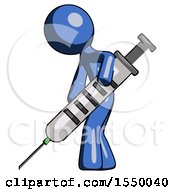 Poster, Art Print Of Blue Design Mascot Man Using Syringe Giving Injection