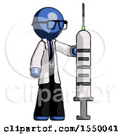 Blue Doctor Scientist Man Holding Large Syringe