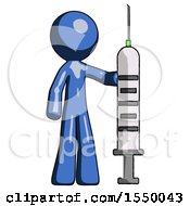 Blue Design Mascot Man Holding Large Syringe