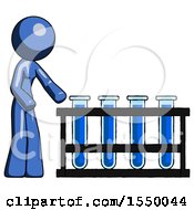 Blue Design Mascot Woman Using Test Tubes Or Vials On Rack