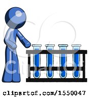 Blue Design Mascot Man Using Test Tubes Or Vials On Rack