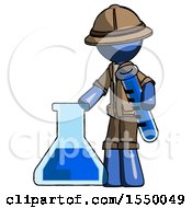 Blue Explorer Ranger Man Holding Test Tube Beside Beaker Or Flask