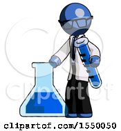 Blue Doctor Scientist Man Holding Test Tube Beside Beaker Or Flask