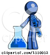Poster, Art Print Of Blue Design Mascot Man Holding Test Tube Beside Beaker Or Flask