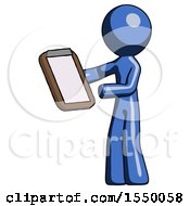 Blue Design Mascot Man Reviewing Stuff On Clipboard