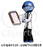 Blue Doctor Scientist Man Reviewing Stuff On Clipboard