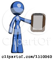Blue Design Mascot Woman Showing Clipboard To Viewer