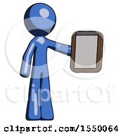 Blue Design Mascot Man Showing Clipboard To Viewer