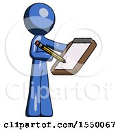 Blue Design Mascot Man Using Clipboard And Pencil