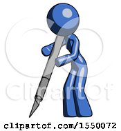 Blue Design Mascot Woman Cutting With Large Scalpel