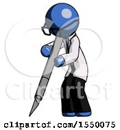 Poster, Art Print Of Blue Doctor Scientist Man Cutting With Large Scalpel