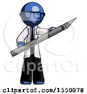 Poster, Art Print Of Blue Doctor Scientist Man Holding Large Scalpel