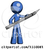 Blue Design Mascot Man Holding Large Scalpel