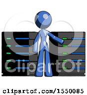 Poster, Art Print Of Blue Design Mascot Woman With Server Racks In Front Of Two Networked Systems