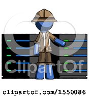 Poster, Art Print Of Blue Explorer Ranger Man With Server Racks In Front Of Two Networked Systems