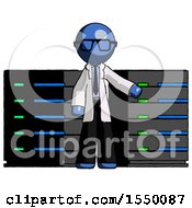 Poster, Art Print Of Blue Doctor Scientist Man With Server Racks In Front Of Two Networked Systems