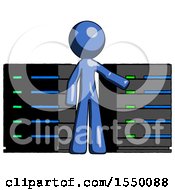 Poster, Art Print Of Blue Design Mascot Man With Server Racks In Front Of Two Networked Systems