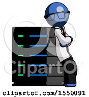 Poster, Art Print Of Blue Doctor Scientist Man Resting Against Server Rack Viewed At Angle