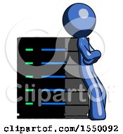 Poster, Art Print Of Blue Design Mascot Man Resting Against Server Rack Viewed At Angle