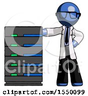 Poster, Art Print Of Blue Doctor Scientist Man With Server Rack Leaning Confidently Against It