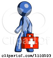 Blue Design Mascot Man Walking With Medical Aid Briefcase To Left