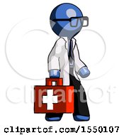 Blue Doctor Scientist Man Walking With Medical Aid Briefcase To Right