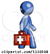 Blue Design Mascot Man Walking With Medical Aid Briefcase To Right