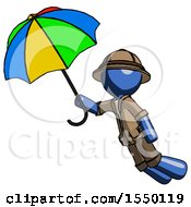 Poster, Art Print Of Blue Explorer Ranger Man Flying With Rainbow Colored Umbrella