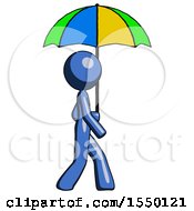 Poster, Art Print Of Blue Design Mascot Woman Walking With Colored Umbrella
