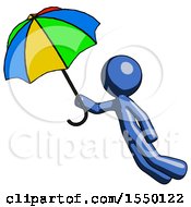 Poster, Art Print Of Blue Design Mascot Man Flying With Rainbow Colored Umbrella