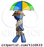 Poster, Art Print Of Blue Explorer Ranger Man Walking With Colored Umbrella