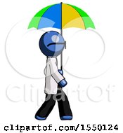 Poster, Art Print Of Blue Doctor Scientist Man Walking With Colored Umbrella