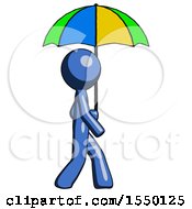 Poster, Art Print Of Blue Design Mascot Man Walking With Colored Umbrella