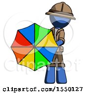 Poster, Art Print Of Blue Explorer Ranger Man Holding Rainbow Umbrella Out To Viewer
