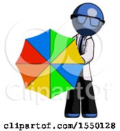 Poster, Art Print Of Blue Doctor Scientist Man Holding Rainbow Umbrella Out To Viewer